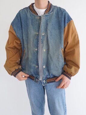 Vintage Stormtech Blue Denim Tan Sleeve Varsity Bomber Jacket Snap Front Lined L